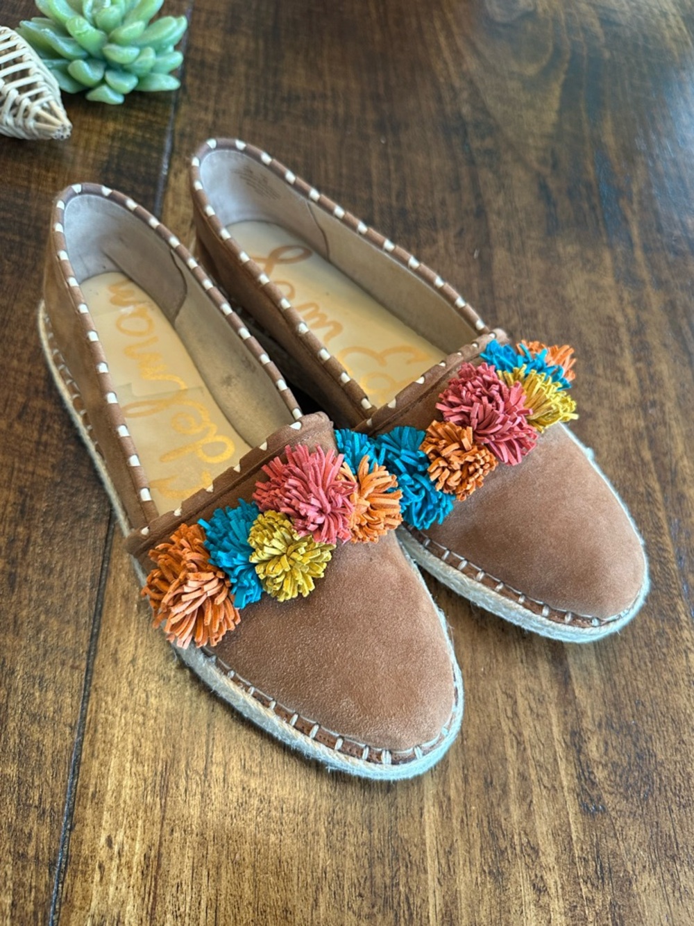 Sam Edelman |  Issa Suede Espadrilles Brown Multi Pom Pom, Size 10